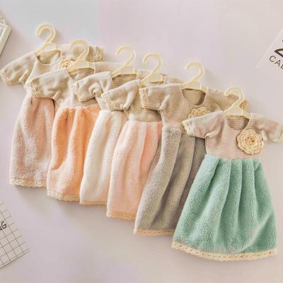 China Wholesale 2022 Popular Cute Princess Dress Shape Lace Towel Coral Fleece Bathroom Bath Hand Towel Hypoallergenic for sale