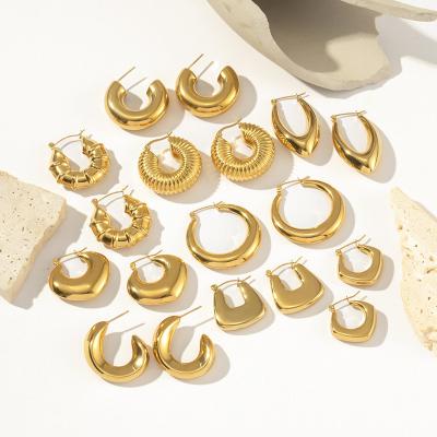 China Wholesale Waterproof Fashion Women Jewelry 18K Gold Plated Stainless Steel Round Earrings Fine Gemstone C Shaped Studs Earrings for sale