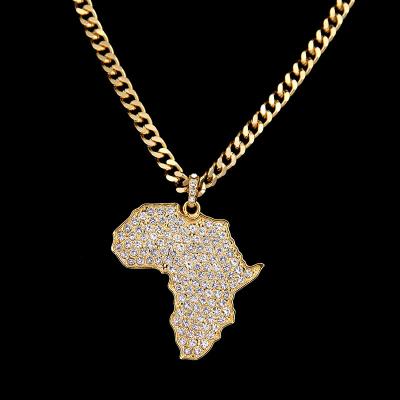 China Wholesale Trendy Map Fashion Hip Hop Fashion Pendant Necklace Africa 18k Gold Alloy Diamond Pendant Necklace for sale