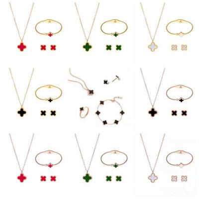 China Wholesale Vintage Fashion Women Flower Necklace Bracelet Earring Four Leaf Clover Stainless Steel Jewelry Set for sale