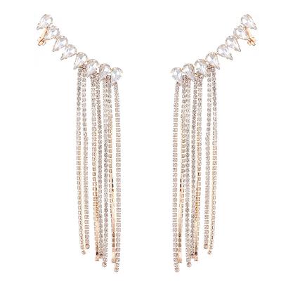 China Trendy Wholesale Fashion Women Jewelry Crystal Rhinestone Geometric Clip On Earrings Exaggerated Large Tassels Diamond Earrings for sale