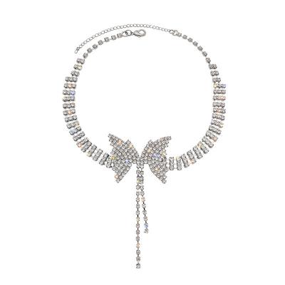 China Wholesale Women TRENDY Crystal Choker Silver Butterfly Tassels sexy Diamond Earrings Necklace Jewelry Set for sale