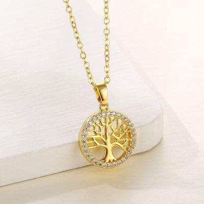 China Wholesale Trendy Fashion 18K Gold Plated Round Hollow Tree Of Life Stainless Steel Pendant Necklace For Women for sale