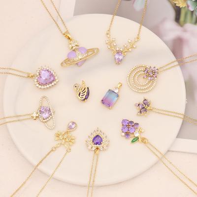 China Trendy Fashion Women Jewelry Deer Antler Necklace Stainless Steel Chain 18K Gold Plated Purple Heart Zirconia Necklace For Women for sale