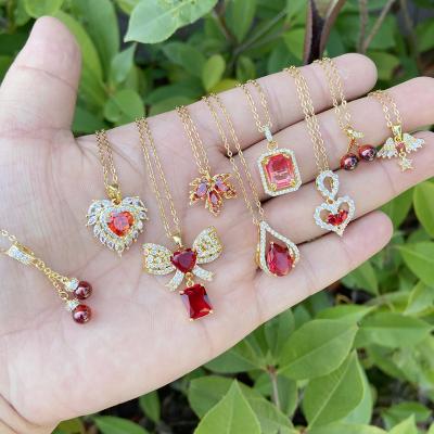 China TRENDY Fashion Women Jewelry 18K Gold Plated Necklace Stainless Steel Red Heart Zirconia Chain Necklace For Women for sale