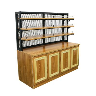 China Single Sided Metal Rack Wooden Cabinet Glass Display Rack Bread Shelf Baked Food Counter For Store for sale