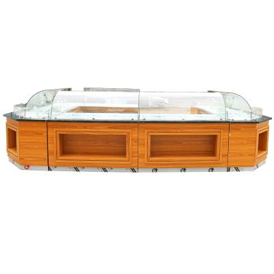 China Single Sided Food Display Kitchen Counter Restaurant Glass Cake Showcase Curved Cabinet Grocery Cabinet Storage Shelves for sale