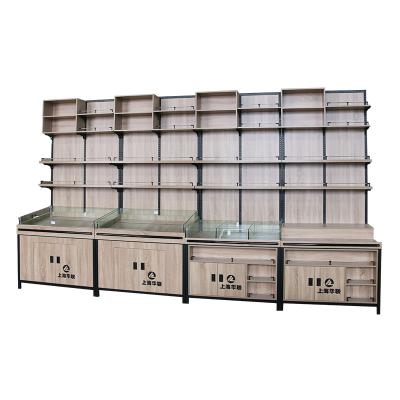 China Single sided bulk food display rack wooden rice and grain shelf supermarket display rack made in China for sale