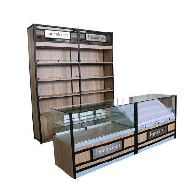 China Factory Price Retail Store Chain Store Single Sided Glass Counters Light Duty Wooden Grain Shelf Supermarket Rack Display for sale