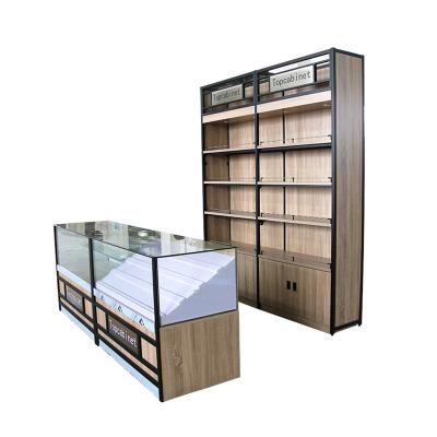 China Single Sided Custom Shop Sundries Shop Display Rack Counter Supermarket Wood Glass Shop Cabinet Showcase for sale