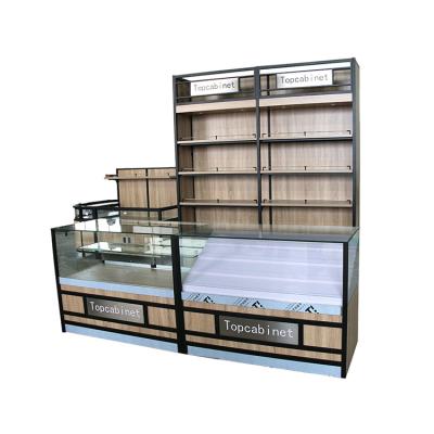 China Single Sided Shelf Grocery Store Supermarket Cosmetic Glass Wooden Display Cabinet Display Rack for sale