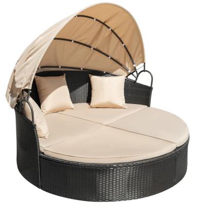 China 2023 Modern New Outdoor Furniture Garden Style Factory Direct Round Woven Rattan Outdoor Daybed With Sunshade Umbrella for sale