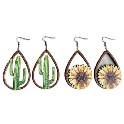 China Cute tribal ethnic aztec western style sunflower cactus geometric wooden leather wooden dropTear earrings for sale