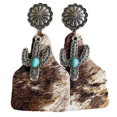 China Vintage Western Silver Turquoise Cactus Flower Vintage Butternut Squash Cowhide Tag Danngle Genuine Leather Earrings for sale