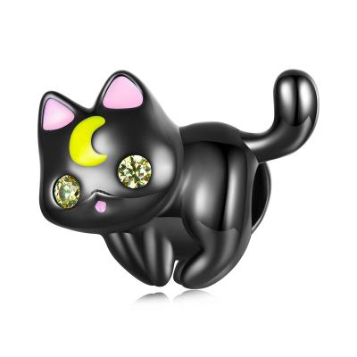 China Wholesale Cute 925 Sterling Silver Gold Plated Black Cat Moon Charm Pendant For Jewelry Making for sale