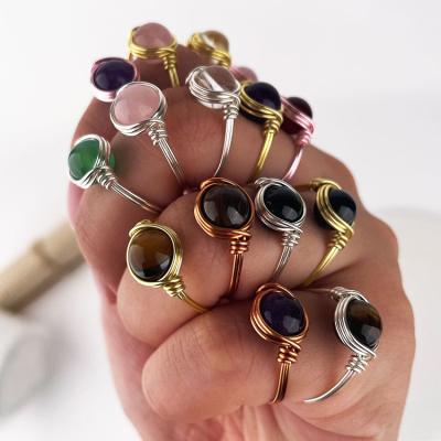 China Natural Healing Crystal Healing Wire Wrapped Rings Assorted Handmade Raw Gemstone Moonstone Tiger Eye TRENDY for sale