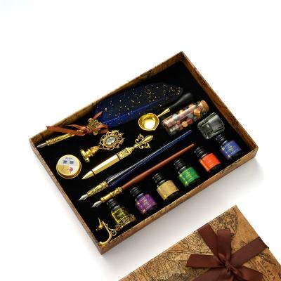 China Vintage Quill Feather Pen Wooden Calligraphy Student Dip Pen Glass Pen With Ink Sealing Wax Stamp Gift Set for sale