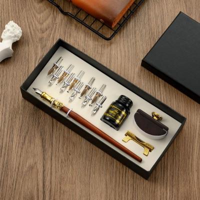 China Student High Quality English Calligraphy Pen Set Wood Fountain Pen Immersion Pen With Nibs And Ink Oblique Blotter for sale