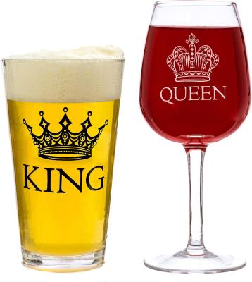 China King Beer & Queen Wine Glass Set For Newlyweds Anniversaries for sale