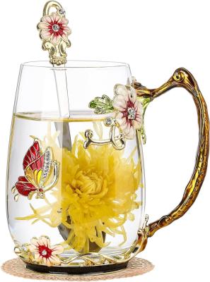 China 4 juegos de tazas de té de flores Tazas de café de vidrio vintage con cuchara en venta