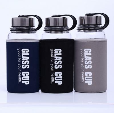 China Big Size Sports Durable High Borosilicate 1 Liter Glass Water Bottle With Nylon Sleeve for sale