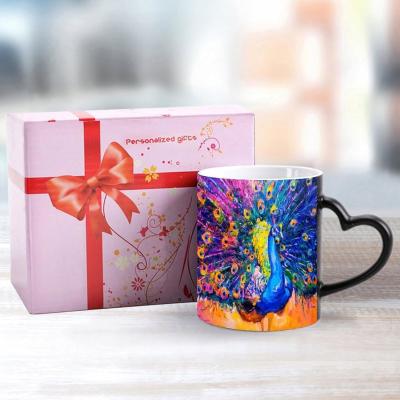 China Colorful Peacock Color Changing Mug Ceramic Coffee Heat Sensitive Cup Discoloration with Handle for Men Women for sale