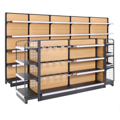 China Wooden Single Sided Wholesale Wood Single / Deli Supermarket Double Sided Gondola Shelving for sale