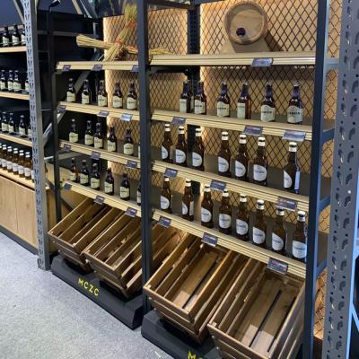 China Double Sided High Quality Log Wine and Liquor Store Supermarket Display Wine Rack Shelves for sale