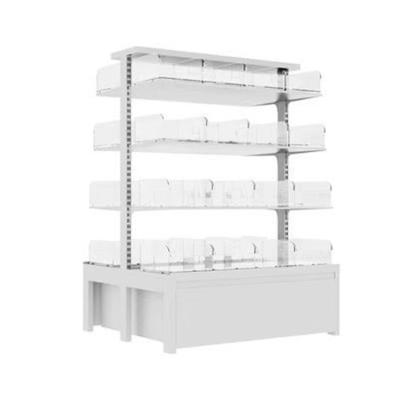 China Plastics Double Sided Warm White Supermarket Sale Nut Shelving Loose Snack Display Rack for sale