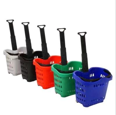 China Durable Hot Sale Supermarket Custom Plastic Rolling Shopping Basket With Wheels for sale