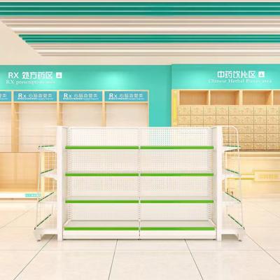 China Factory Custom 4 Layer Q235 Grocery Shelving Supermarket Pharmacy Double Sided Steel Shelves for sale