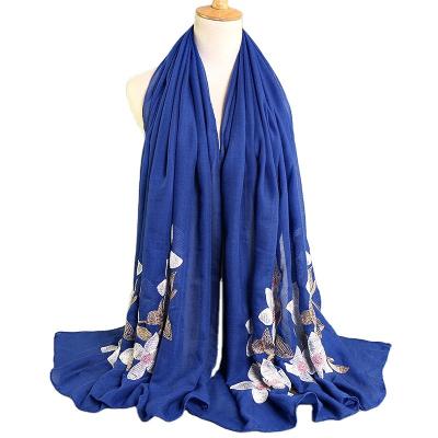 China New Fashionable Soft Feeling Flower Embroidered Cotton Muslim Ethnic Hijab For Women Malaysia Viscous Hijab Khimar for sale