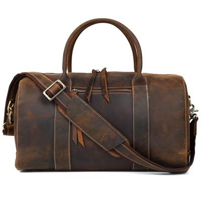 China Custom Made Vintage Large Capacity Brown Mens Crazy Horse Leather Shoulder Tote Weekender Luxury Overnight Travel Bag for sale