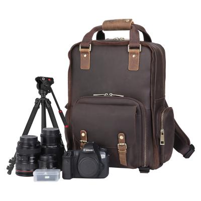 China Protect Camera Tiding Logo Large Genuine Real Leather Dslr Outdoor Custom Camera Travel Backpack Backpack for sale