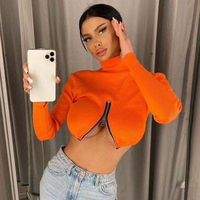 China Breathable Top Selling Products Fall 2021 Fashion Women Clothes Long Sleeve Bodycon Zipper Ribbed Cute Crop Tops for sale