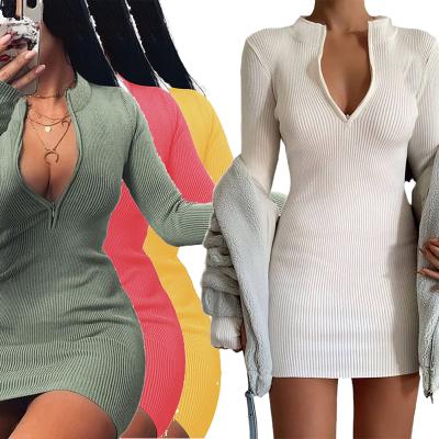 China Anti-Wrinkle Women Dresses 2021 Autumn Clothes Plain V-Neck Long Sleeve Bodycon Dresses Long For Fat Woman for sale