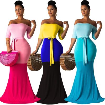 China 2021 New Fashion Anti-Static Fall Patchwork Women's Short Shoulder Sleeve Patchwork Bandage Club Dress for sale