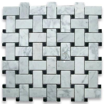 China Marble Black White Dots Polished Long Art Sheet Carrara Basketweave Mosaic Slab Flooring for sale