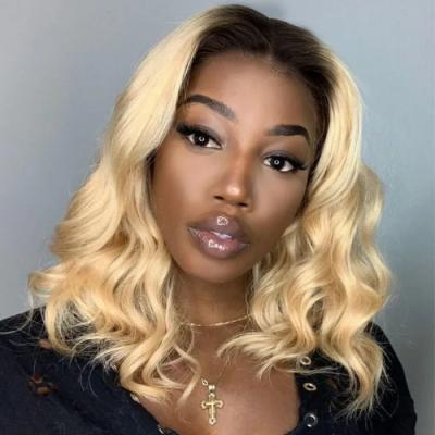 China Transparent 100% Swiss Lace Loose Wave Human Hair Bob Wig With Dark Roots Blonde Water Wave 613 Front Wig For Black Women for sale