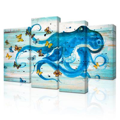 China Modern 4 Panel Bathroom Wall Art Blue Ocean Octopus and Butterfly Watercolor Decor Animal Picture for sale