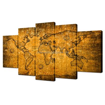 China Modern HD Printed Canvas Wall Decor Vintage World Map With Grunge Texture Canvas Art For Living Room Decoration 5 Pieces for sale