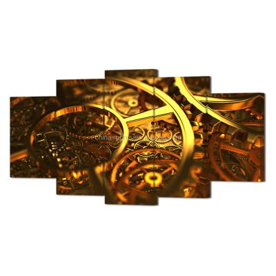 China Modern Home Decor Picture 5 Piece Canvas Print Motor Wall Art Mechanical Gear Closeup Vintage Gold Pictures for sale