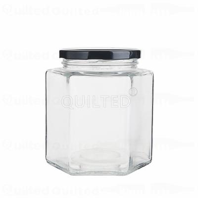 China Small Beverage Hexagon Jars Gold Lid Glass Jam Jars Honey Jelly Wedding Favors With Lid For Sale for sale