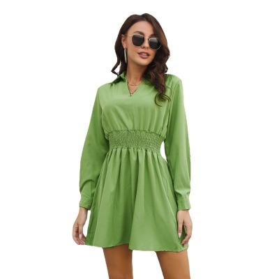 China Hot Selling Elegant Women's Custom Mini Dress Long Sleeves Shirt Collar Ruffles Solid Color Pleated Women's Dress In Stock for sale