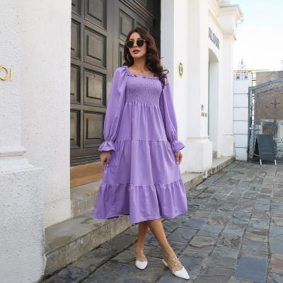 China Fashion New Fashion Custom Breathable OEM Women's Square Mid Length Rocket Long Sleeve Ruffled Off-Shoulder Ladies Dress In Stock for sale