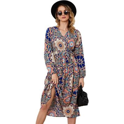 China New Breathable Fashionable High Waist Big Flower Paisley Print Midi Sheath Long V Neckline In Stock Custom Women Dress for sale