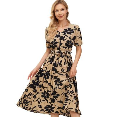 China New Breathable Casual Fashionable Bow Belt Floral Classic Cotton Swap Midi Skirts Puff Sleeves Ruffles V-Neckline In Stock Custom Women Dress for sale