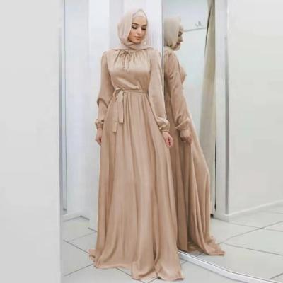 China New Abaya Polyester 2023 Women Custotm Muslim Plain Color Long Sleeve Binding Tuck Long Dresses With Bow Belt for sale