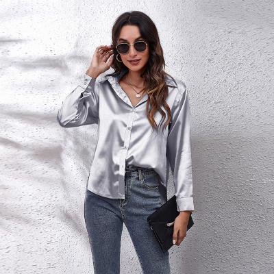 China Breathable Summer Casual Hot Selling Solid Color Long Sleeve Shirt Collar In V-Neck Stock Custom Women's Top Shirt for sale