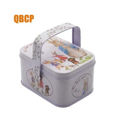 China Small Recyclable Stocked Rectangular Metal Tin Box With Handle And Lid for sale